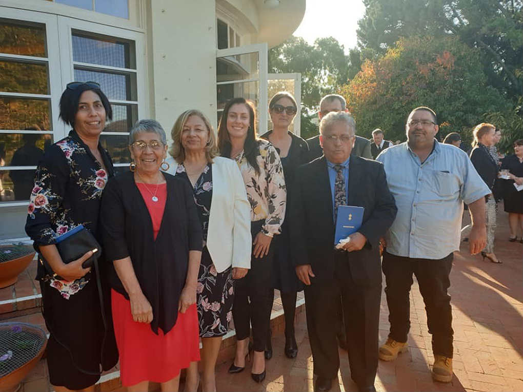 The community and descendants delegation to accept the bravery award: Left to right Georgina Piper, Aunty Sonia Piper, Roslyn Boles and Tanya Holland (descendants of Yarri), Miriam Crane (Cootamundra-Gundagai Council), Mason Crane, Peter Sorenson, and in front Peter Smith. Photograph Roslyn Boles