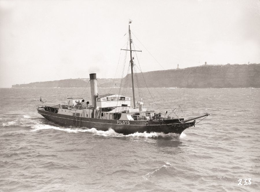 The second pilot steamer  Captain Cook (II) was designed by W D Cruikshank and built at Mort’s Dock & Engineering Company in 1892. Used as a naval training ship during World War II, it was scuttled off Sydney in October 1947. Photographed c 1920 by William James Hall. ANMM Collection ANMS1092[015] Gift from Mr and Mrs Glassford