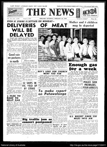 ‘Mother and 8 children may be deported’, The News, 26 February 1949, p 1. Reproduced courtesy National Library of Australia.