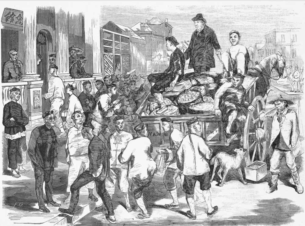 Immigrants arriving in Chinatown (Little Bourke Street), Melbourne. Date: 1866. Source: State Library of Victoria