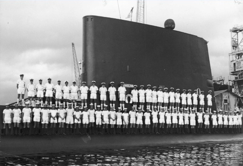 The crew of HMAS Onslow at the Singapore naval base in June 1974. ANMM Collection gift from John Hodges, 00038504